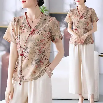 2023 poletje kitajski slog žensk, etničnih slog kratek rokav moda v-neck majica cvet tiskanja elegantne retro tang bo ustrezala vrh s365