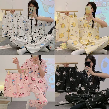 3Pcs Sanrio Hello Kitty Risanka Pižamo Nastavite Anime Kawaii Moja Melodija Cinnamoroll Kuromi Pochacco Tiskanja Dekleta Srce Homewear Set