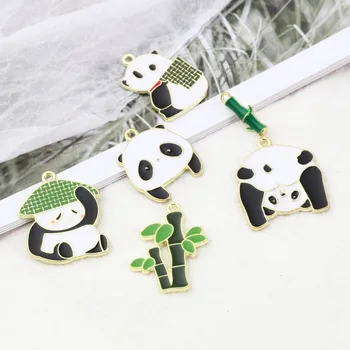 Lepe Risanke Panda Živali Čare Zlata Barva Kovinskih Multicolor Bambusa Emajl Obeski DIY Kar Uhane, Ogrlico, Nakit,10PCs