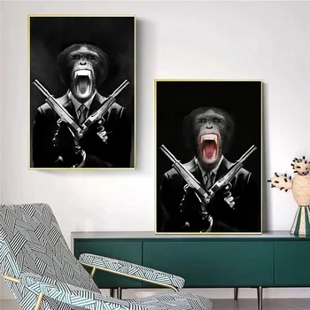 Opica Holding Pištole Platno Umetnosti Plakatov in Fotografij Živali V Obleko Platna Slike na Steni Umetnosti, Živali Slike Doma Dekor