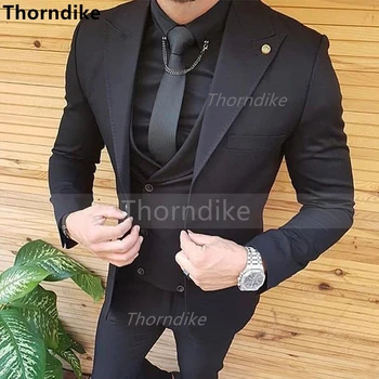 Thorndike Black Slim Fit Formalno Moške Obleke za Poroko Dosegla vrhunec River Ženina Jopičem 3 Kos Suknjič Waistcoat z Hlače
