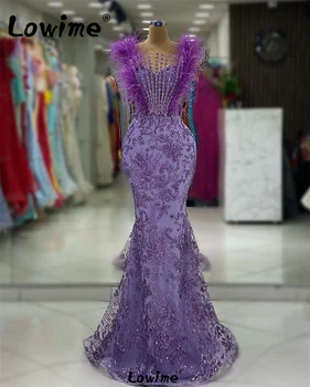 Vijolična Bleščice Sequins Aso Ebi Kristali Prom Oblačenja Perje Večer Formalno Stranko Poročne Obleke Posla Halje Customm Narejen