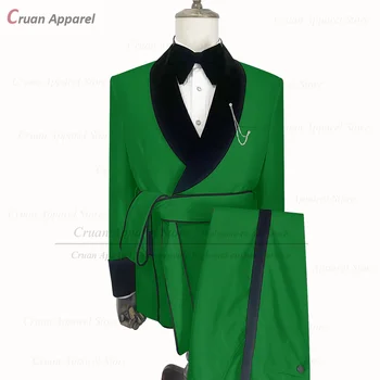 Zelena Obleka za Moške Slim Fit 2023 Modni Moški Jopič in Hlače s Pasom, Nastavite Prilagojene Luksuzni Žamet River Poslovnih Poroko Ženina Jopičem