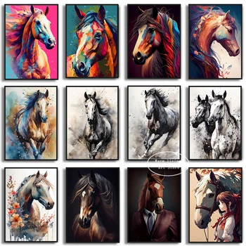 Živali Akvarel Konj Plakat Platno Slikarstvo Dnevna Soba Abstraktno Sliko Dveh Konj Wall Art Zidana Sodobne Dom Dekor Cuadros