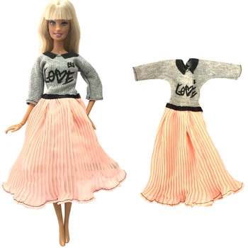 1 Nastavite Modno In Elegantno Sivo Obleko LJUBEZEN Vzorec Kratek sleeved Majica Lutka Darilo za Rojstni dan Za Barbie Lutka Accessorie 286A