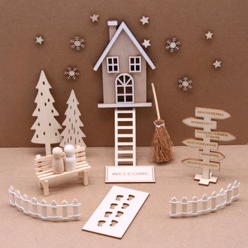 Božič Mini Lutka Hiša Belega Lesa Barvno Dekoracijo Božič Miniaturni Scene Lesena Vrata, Dodatna Oprema