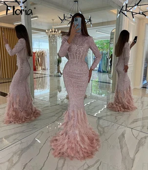 Dubaj Blush Pink Dolg Rokav Večerne Obleke Beading 2024 Luksuzni Morska Deklica Slaven Obleke Formalne Priložnosti Obleke Po Meri