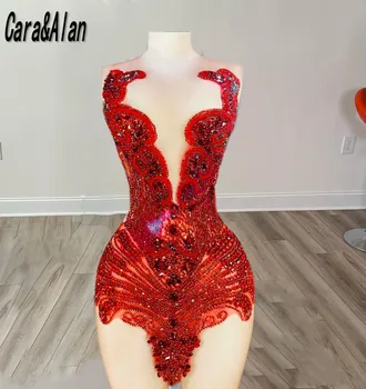Elegantno Rdeče Diamond Rojstni Halje Odklon Vratu Črno Dekle Rdeče Kratke Prom Obleke 2023 Mini Koktajl Obleke