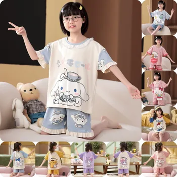 Kawaii Sanrio Hello Kitty Cinnamoroll Moja Melodija Kuromi Novo Poletje Risank Anime Pižamo Tanke Kratka Sleeved Srčkan Doma Oblačila, Ki