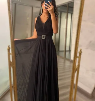 Klasični, Dolgi Šifon Black Proti-Vrat Večer Desses A-Line Naguban Muslimanskih Dolžina Tal Prom Obleke za Ženske