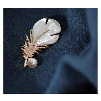 Lepe Modne Feather Shell Broška Žensk Luksuzni Imitacije Pearl Zlato Barvo Stranka, Poročni Nakit, modni Dodatki
