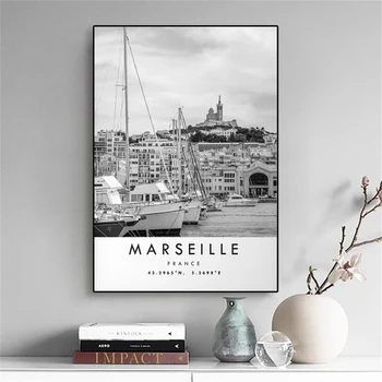 Moderno Mesto Marseille Potovanja Plakat Črno Belo Tiskanje Francija Krajine Platno Stensko Slikarstvo V Slikah, Minimalističen Doma Dekor