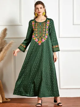 Muslimanski Arabska ženska moda in ženske zelena dolgo oplaščeni obleko z natisnjeno gub in vezene velike robom haljo ABAYA
