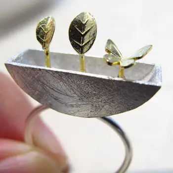 Prvotni načrt Ročno zlato barvo listov metulj obroč 925 sterling srebro odprite Obroči Fine nakit za ženske na debelo