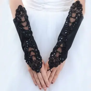 Rokavice Halloween Black Fingerless Bleščica Čipke Saten Poročno Modno Obleko