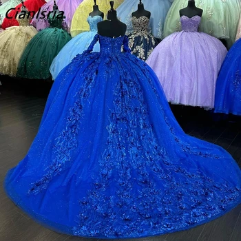 Royal Modra Dolg Rokav Beading Kristalno Kroglo Obleke Quinceanera Obleke 3D Cvetje Appliques Korzet Čipke Vestidos De 15 Años