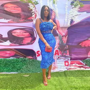 Royal Modra Špageti Prom Obleke Čipke Čaj Dolžina Večerne Afriške Ženske Formalno Obrabe Stranka Obleko Haljo De Soiree