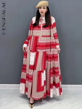 SHENGPALAE Geometrijske Natisnjeni Obleko Za Ženske Zimski Modni Elegantna Svoboden Mozaik Gleženj Dolžina Majica Haljo Pozimi 2023 Novo 5R8397