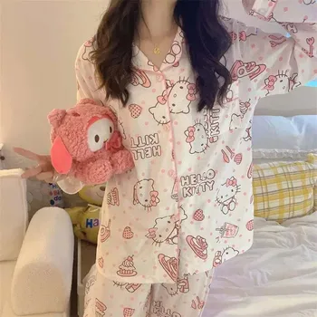 Sanrio Pajama Nastavite Hello Kitty Cinnamoroll Pochacco Risanka Priložnostne Pižamo Udobno Dolgimi Rokavi in Pantsb Gospodinjski Oblačila