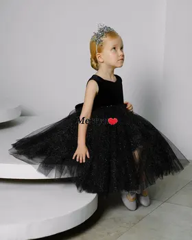 Sodobna Črna Roža Punca Obleke Rojstni Žogo Obleke Oblačenja za Dekleta, Otroci Pageant Obleke z Lokom
