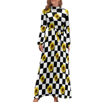 Sončnično Tiskanja Obleko Visoko Vratu Črni in Beli Karirasti Grafični Bohemia Obleke z Dolgimi Rokavi, Dolge Maxi Dress Vintage Oblačila