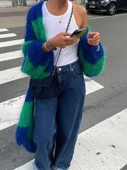 Svoboden Oversize Pletene Coats 2023 Jeseni Chic Lady Ulične Mode Trak Dolgo Cardigan Pulover Ženske Luč Dolg Rokav