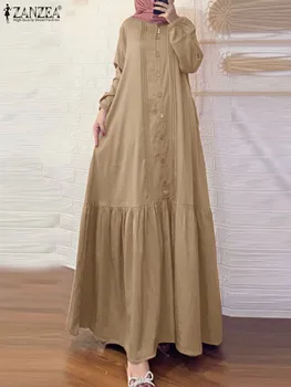 ZANZEA Jeseni Priložnostne Stranka Maxi Haljo Elegantno Ruffles Robom Muslimansko Obleko Letnik Trdna Sundress Moda Turčija Hidžab Obleke 2023
