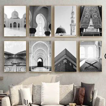 Črna in Bela Velike Mošeje v Meki Kaaba Islamskih svetih spisov, Plakati, Platna, slikanje in Tiskanje Wall Art Sliko Soba Dekor