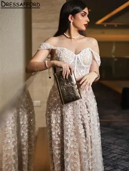 Šampanjec Iluzijo 3D Sequined Cvetje Dubaj Večerne Obleke A-Line Off Ramo Visoko Split Savdska arabski Formalno Stranko Obleke